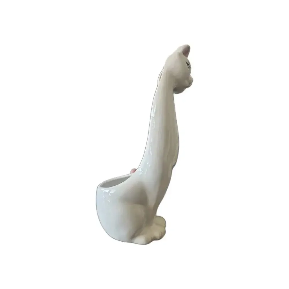 New Vintage Style Ceramic Retro Girl White Cat Toilet Bowl Brush Holder Set